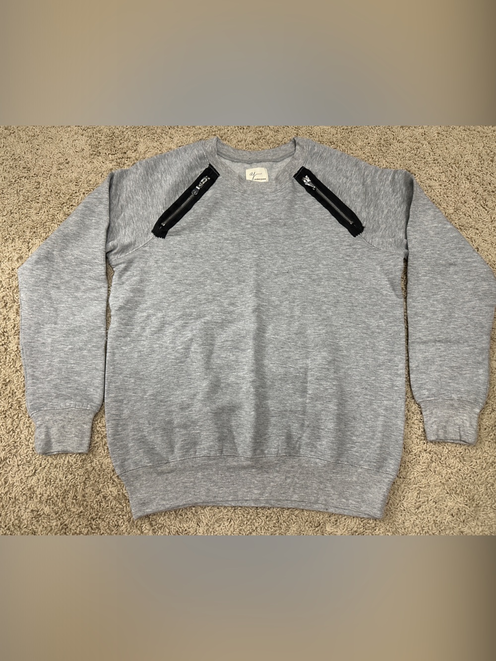 Women’s Gray Crewneck Sweater with Zip Pocket Accents